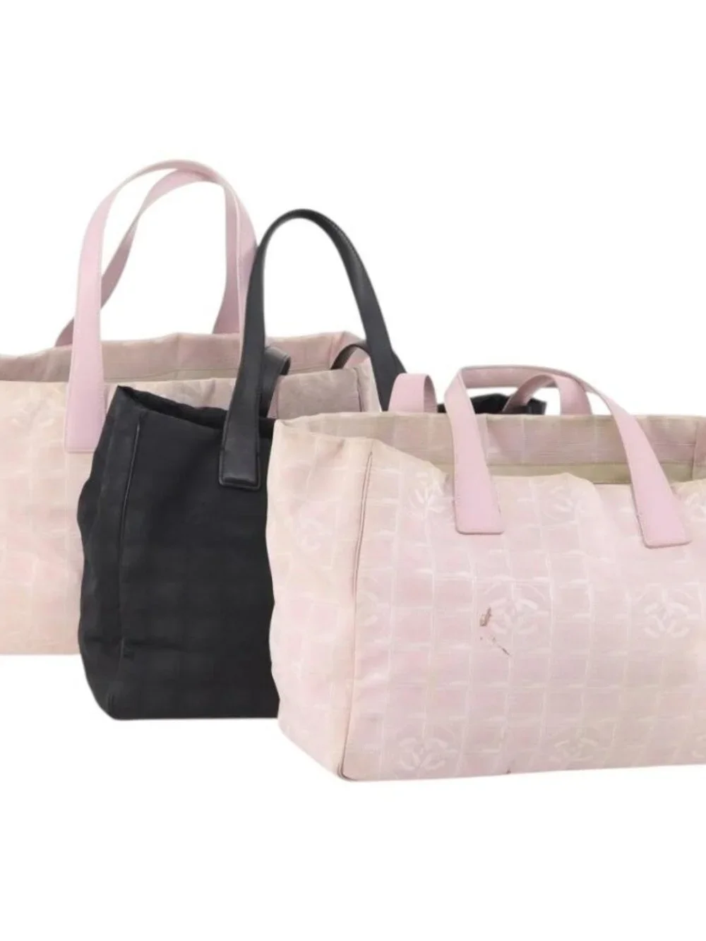 CHANEL New Travel Line Tote Bag Nylon 3 Set Pink Black CC Auth ti3919